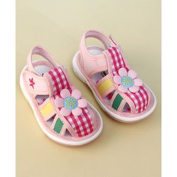 Cute Walk by Babyhug Velcro Closure Musical Sandal With Floral Applique & Checks - Pink