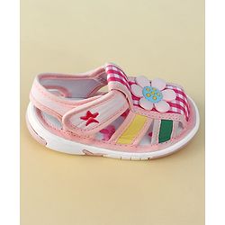 Cute Walk by Babyhug Velcro Closure Musical Sandal With Floral Applique & Checks - Pink