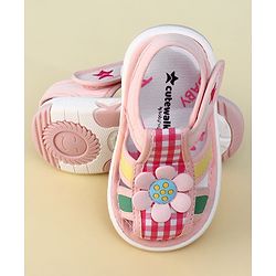 Cute Walk by Babyhug Velcro Closure Musical Sandal With Floral Applique & Checks - Pink