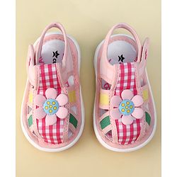 Cute Walk by Babyhug Velcro Closure Musical Sandal With Floral Applique & Checks - Pink