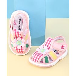 Cute Walk by Babyhug Velcro Closure Musical Sandal With Floral Applique & Checks - Pink