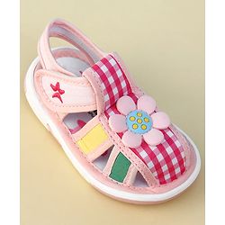 Cute Walk by Babyhug Velcro Closure Musical Sandal With Floral Applique & Checks - Pink