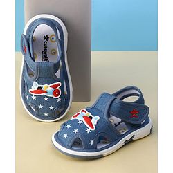 Cute Walk by Babyhug Velcro Closure Musical Sandal With Star  Print & Aeroplane Applique - Blue