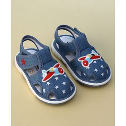 Cute Walk by Babyhug Velcro Closure Musical Sandal With Star  Print & Aeroplane Applique - Blue