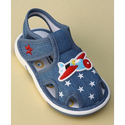 Cute Walk by Babyhug Velcro Closure Musical Sandal With Star  Print & Aeroplane Applique - Blue