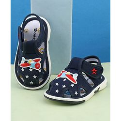 Cute Walk by Babyhug Velcro Closure Musical Sandal With Star  Print & Aeroplane Applique - Blue
