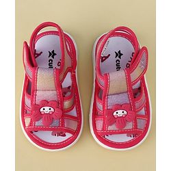 Cute Walk by Babyhug Velcro Closure Glitter Printed Musical Sandal With Floral Applique - Fuchsia