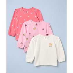 Babyhug 100% Cotton Knit Full Sleeves T-Shirts with Bear Print Pack of 3 in White Pink