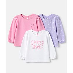 Babyhug Cotton Knit Full Sleeves T-Shirts with Daddy's Girl Heart Print & Bow Applique Pack of 3 - Pink, Lavender & White