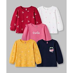 Babyhug 100% Cotton Knit T-Shirt with Full Sleeves and Cherries Print Pack of 5 in Yellow Pink Maroon