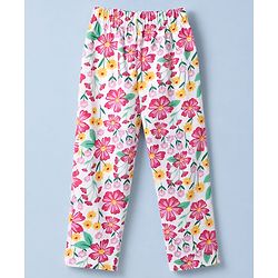 Babyhug 100% Cotton Knit Full Sleeves Co-Ords T-Shirt & Pyjama Night Suit with Floral Print - White