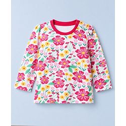 Babyhug 100% Cotton Knit Full Sleeves Co-Ords T-Shirt & Pyjama Night Suit with Floral Print - White
