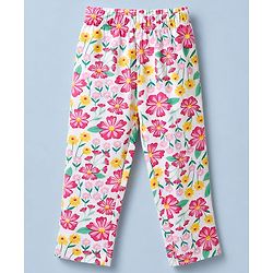 Babyhug 100% Cotton Knit Full Sleeves Co-Ords T-Shirt & Pyjama Night Suit with Floral Print - White