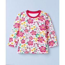 Babyhug 100% Cotton Knit Full Sleeves Co-Ords T-Shirt & Pyjama Night Suit with Floral Print - White
