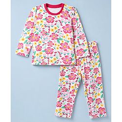 Babyhug 100% Cotton Knit Full Sleeves Co-Ords T-Shirt & Pyjama Night Suit with Floral Print - White