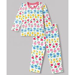 Babyhug 100% Cotton Knit Full Sleeves Co-Ords T-Shirt & Pyjama Night Suit with Floral Print - White