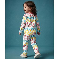 Babyhug 100% Cotton Knit Full Sleeves Co-Ords T-Shirt & Pyjama Night Suit with Floral Print - White