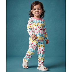 Babyhug 100% Cotton Knit Full Sleeves Co-Ords T-Shirt & Pyjama Night Suit with Floral Print - White