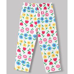 Babyhug 100% Cotton Knit Full Sleeves Co-Ords T-Shirt & Pyjama Night Suit with Floral Print - White