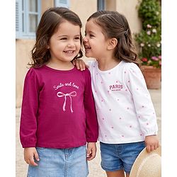 Babyhug 100% Cotton Knit Full Sleeves T-Shirts with Heart Text & Bow Print Pack of 2 - White Dark Pink