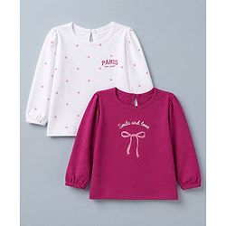Babyhug 100% Cotton Knit Full Sleeves T-Shirts with Heart Text & Bow Print Pack of 2 - White Dark Pink