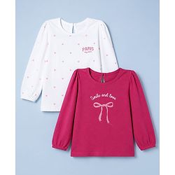Babyhug 100% Cotton Knit Full Sleeves T-Shirts with Heart Text & Bow Print Pack of 2 - White Dark Pink