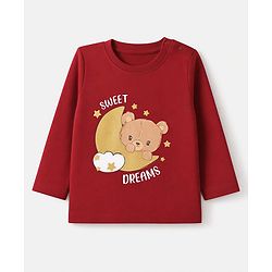 Babyhug 100% Cotton Knit Full Sleeves T-Shirt & Pyjama Night Suit with Bear & Moon Print - Red