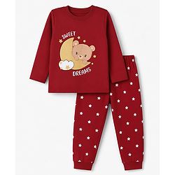 Babyhug 100% Cotton Knit Full Sleeves T-Shirt & Pyjama Night Suit with Bear & Moon Print - Red