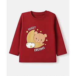 Babyhug 100% Cotton Knit Full Sleeves T-Shirt & Pyjama Night Suit with Bear & Moon Print - Red