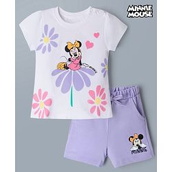 Babyhug Disney Single Jersey Knit Half Sleeves T-Shirt & Shorts Set with Minnie Mouse Graphics - White & Lavender