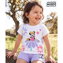 Babyhug Disney Single Jersey Knit Half Sleeves T-Shirt & Shorts Set with Minnie Mouse Graphics - White & Lavender