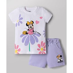 Babyhug Disney Single Jersey Knit Half Sleeves T-Shirt & Shorts Set with Minnie Mouse Graphics - White & Lavender