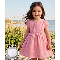 Babyhug Schiffili Woven Half Sleeves Floral Embroidered  Frock with Bloomer - Pink