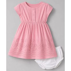 Babyhug Schiffili Woven Half Sleeves Floral Embroidered  Frock with Bloomer - Pink