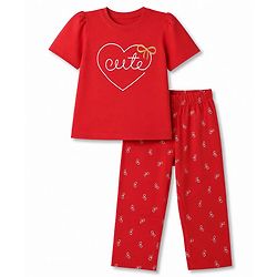 Babyhug 100% Cotton Knit Half Sleeves T-Shirt & Pyjama Night Suit with Cute Heart & Bow Print - Red