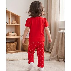 Babyhug 100% Cotton Knit Half Sleeves T-Shirt & Pyjama Night Suit with Cute Heart & Bow Print - Red