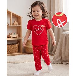 Babyhug 100% Cotton Knit Half Sleeves T-Shirt & Pyjama Night Suit with Cute Heart & Bow Print - Red