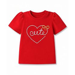 Babyhug 100% Cotton Knit Half Sleeves T-Shirt & Pyjama Night Suit with Cute Heart & Bow Print - Red