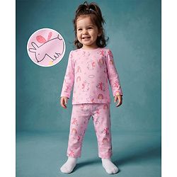 Babyhug 100% Cotton Knit Full Sleeves Co-Ords Top & Pyjama Night Suit with Bunny Rainbow & Floral Print - Pink