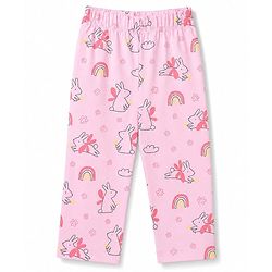 Babyhug 100% Cotton Knit Full Sleeves Co-Ords Top & Pyjama Night Suit with Bunny Rainbow & Floral Print - Pink