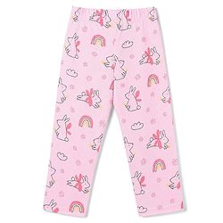 Babyhug 100% Cotton Knit Full Sleeves Co-Ords Top & Pyjama Night Suit with Bunny Rainbow & Floral Print - Pink