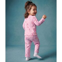 Babyhug 100% Cotton Knit Full Sleeves Co-Ords Top & Pyjama Night Suit with Bunny Rainbow & Floral Print - Pink