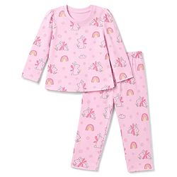 Babyhug 100% Cotton Knit Full Sleeves Co-Ords Top & Pyjama Night Suit with Bunny Rainbow & Floral Print - Pink