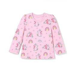 Babyhug 100% Cotton Knit Full Sleeves Co-Ords Top & Pyjama Night Suit with Bunny Rainbow & Floral Print - Pink