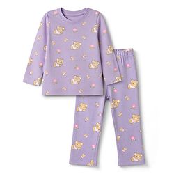 Babyhug 100% Cotton Knit Full Sleeves Co-Ords T-Shirt & Pyjama Night Suit with Bear & Floral Print - Violet