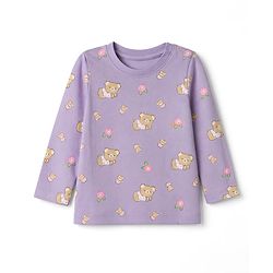 Babyhug 100% Cotton Knit Full Sleeves Co-Ords T-Shirt & Pyjama Night Suit with Bear & Floral Print - Violet