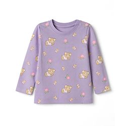 Babyhug 100% Cotton Knit Full Sleeves Co-Ords T-Shirt & Pyjama Night Suit with Bear & Floral Print - Violet