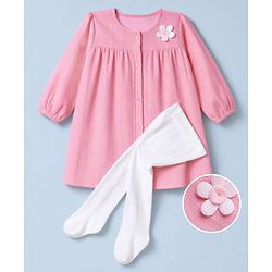 Babyhug 100% Cotton Woven Frock and Legging with Full Sleeves and Floral Applique in Pink for 2-3 Years