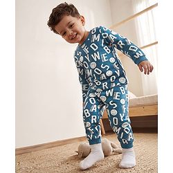 Babyhug 100% Cotton Knit Full Sleeves Co-Ords T-Shirt & Pyjama Night Suit with Smile Forever Print - Teal Blue