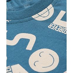 Babyhug 100% Cotton Knit Full Sleeves Co-Ords T-Shirt & Pyjama Night Suit with Smile Forever Print - Teal Blue